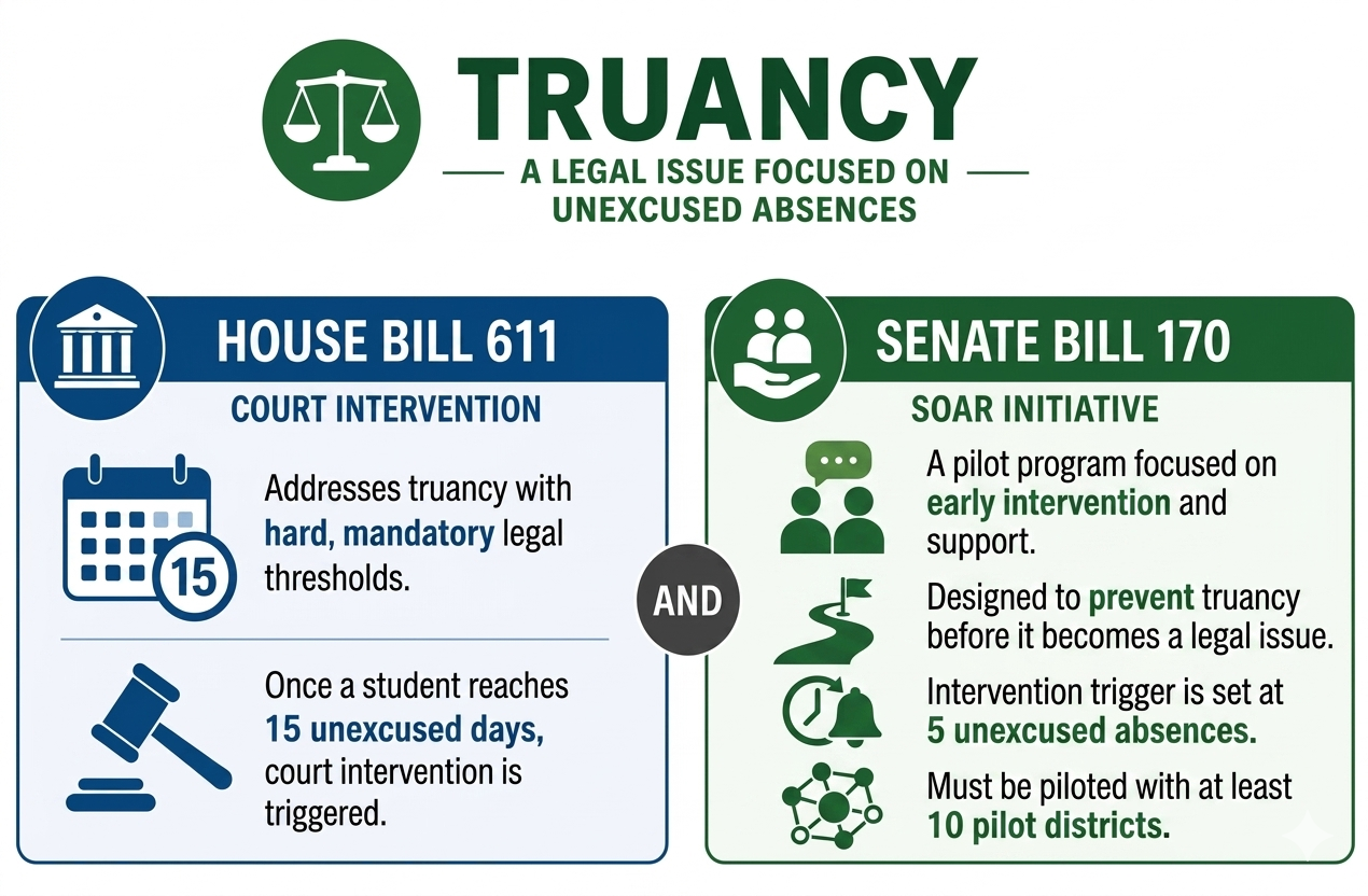 Main Header: TRUANCY: A LEGAL ISSUE FOCUSED ON UNEXCUSED ABSENCES (featuring a scales of justice icon). Left Side: House Bill 611 (Court Intervention) Focus: Addresses truancy with hard, mandatory legal thresholds. Trigger: Once a student reaches 15 unexcused days, court intervention is triggered. Icons: Courthouse, calendar highlighting the number 15, and a legal gavel. Connector: 'AND' (indicating both bills work in tandem). Right Side: Senate Bill 170 (SOAR Initiative) Focus: A pilot program focused on early intervention and support designed to prevent truancy before it becomes a legal issue. Trigger: Intervention trigger is set at 5 unexcused absences. Requirement: Must be piloted with at least 10 pilot districts. Icons: Helping hands, people talking, a path with a flag, a ringing alarm clock, and a network node diagram.